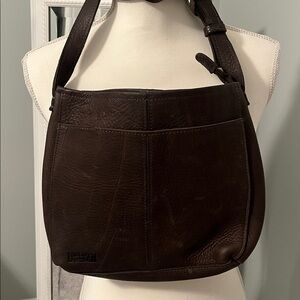 Duluth Trading Company dark brown pebble leather crossbody bag.